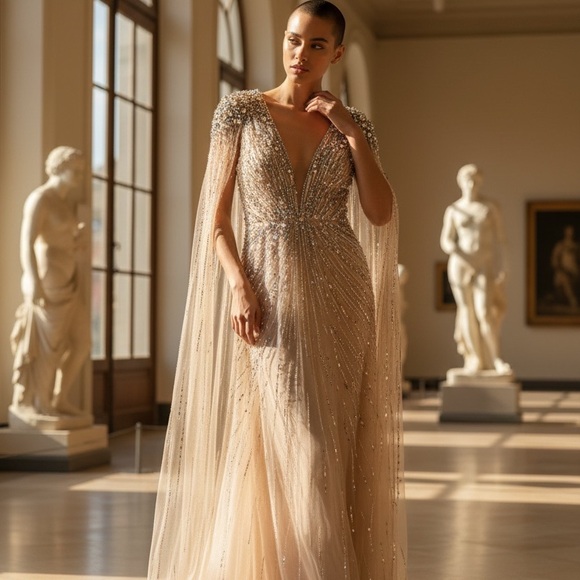 Beaded Maxi Evening Gown in Nude Gold